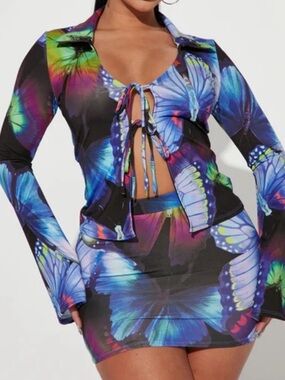 Fashion Nova Multicolor Butterfly Print Skirt Set